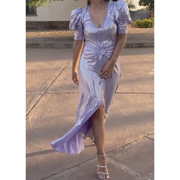 ROTATE Sierina Ruched Puff Sleeve Metallic Midi Dress in Purple Size US 0 - Picture 3 of 16